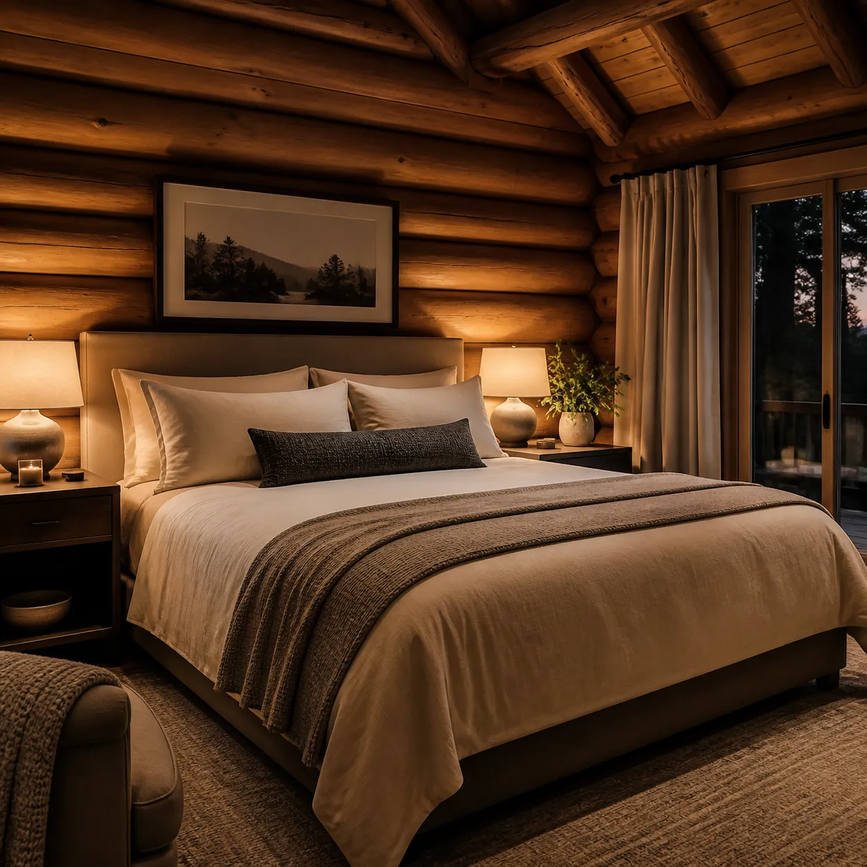 Warmly lit log-cabin bedroom prepared for two