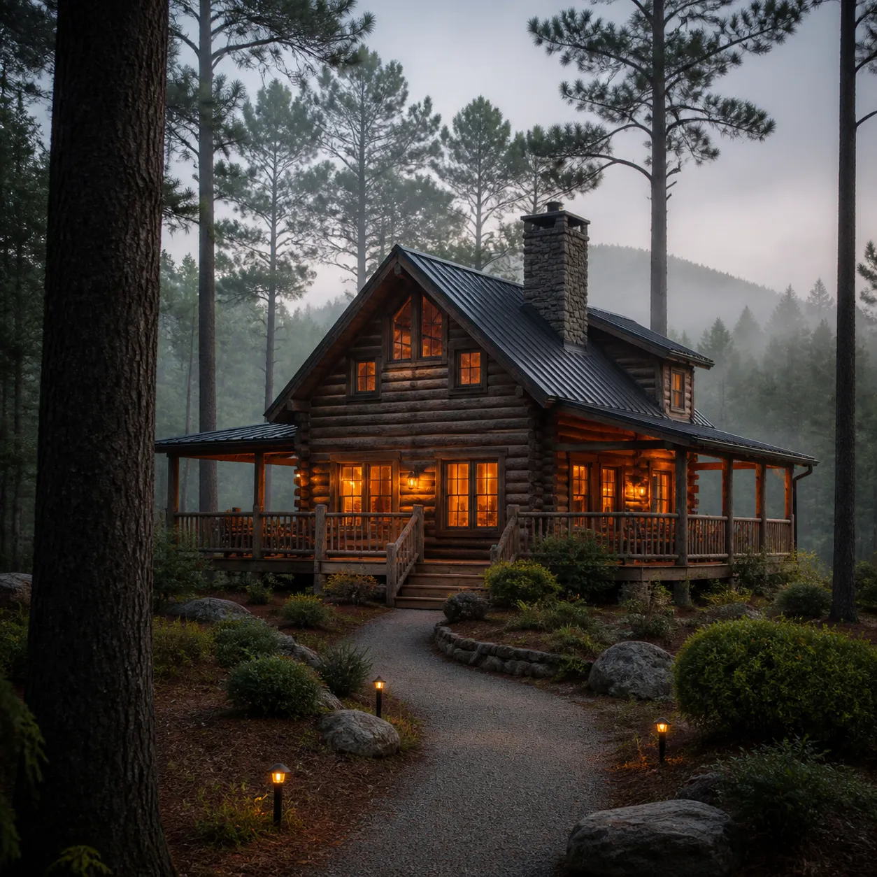 Secluded log cabin among pines in the morning