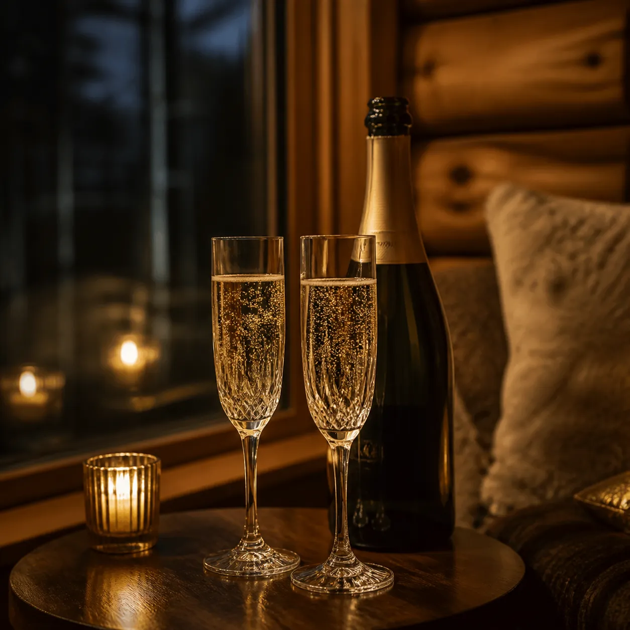 Champagne bottle and two glasses in the cabin
