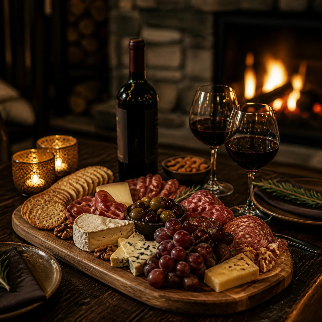 Charcuterie board with wine for two