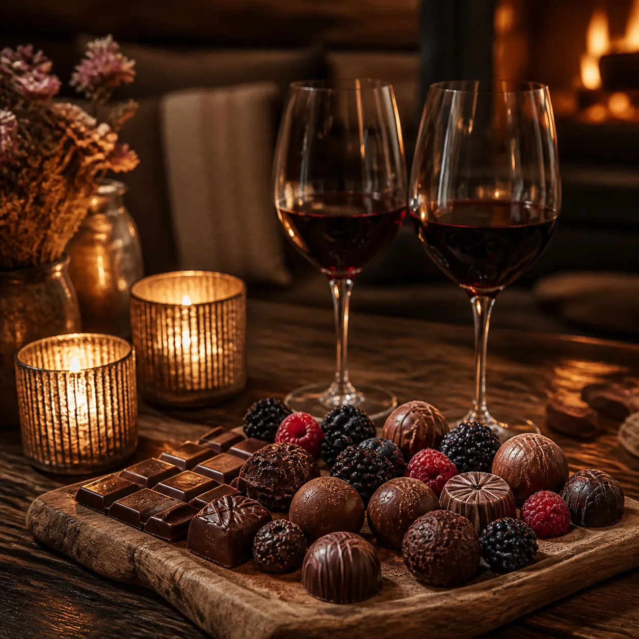 Assorted chocolate board with wine
