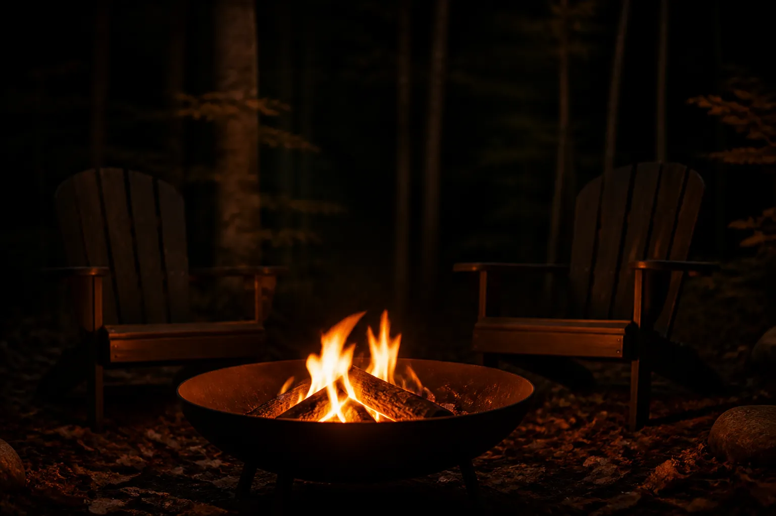 Two chairs beside a fire bowl in a quiet woodland atmosphere