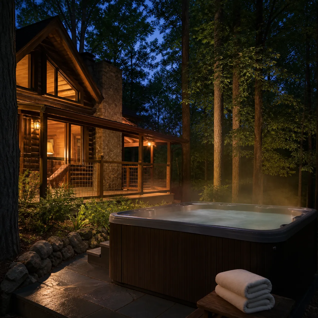 Private hot tub beside a woodland cabin