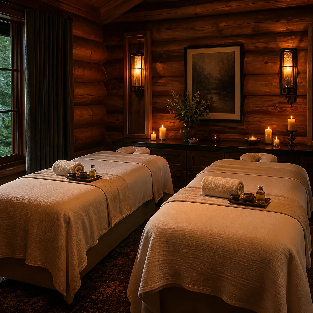 Couples massage suite prepared with two treatment tables