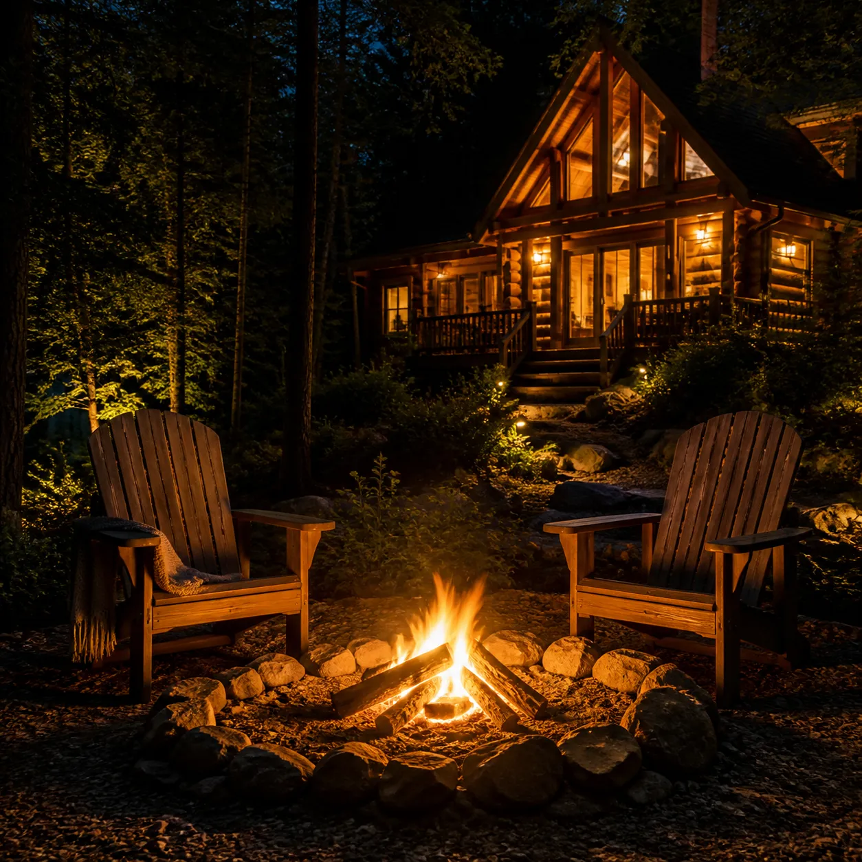 Paired chairs at a fire pit near the cabin