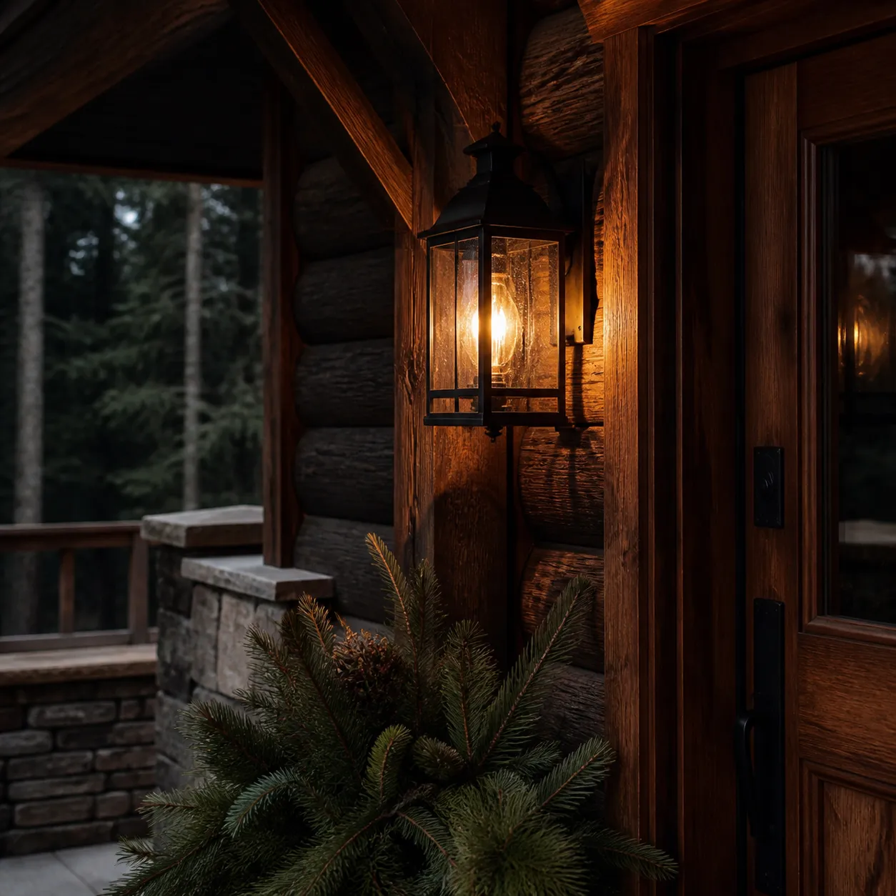 Glowing lantern beside a timber cabin door