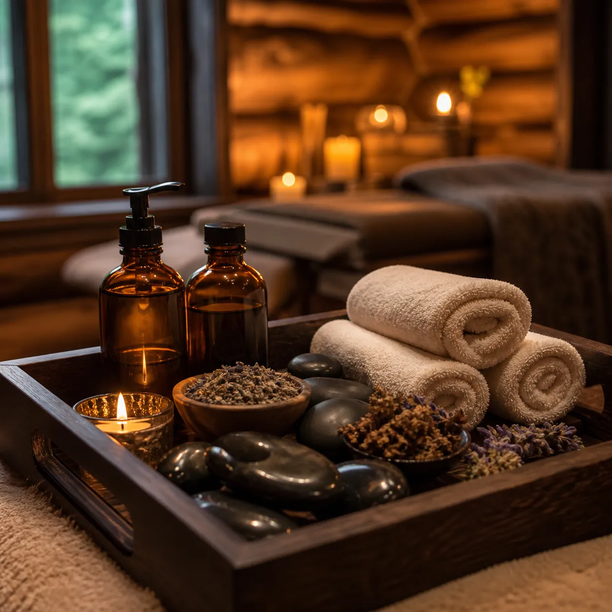 Massage oils, stones, towels, and botanicals
