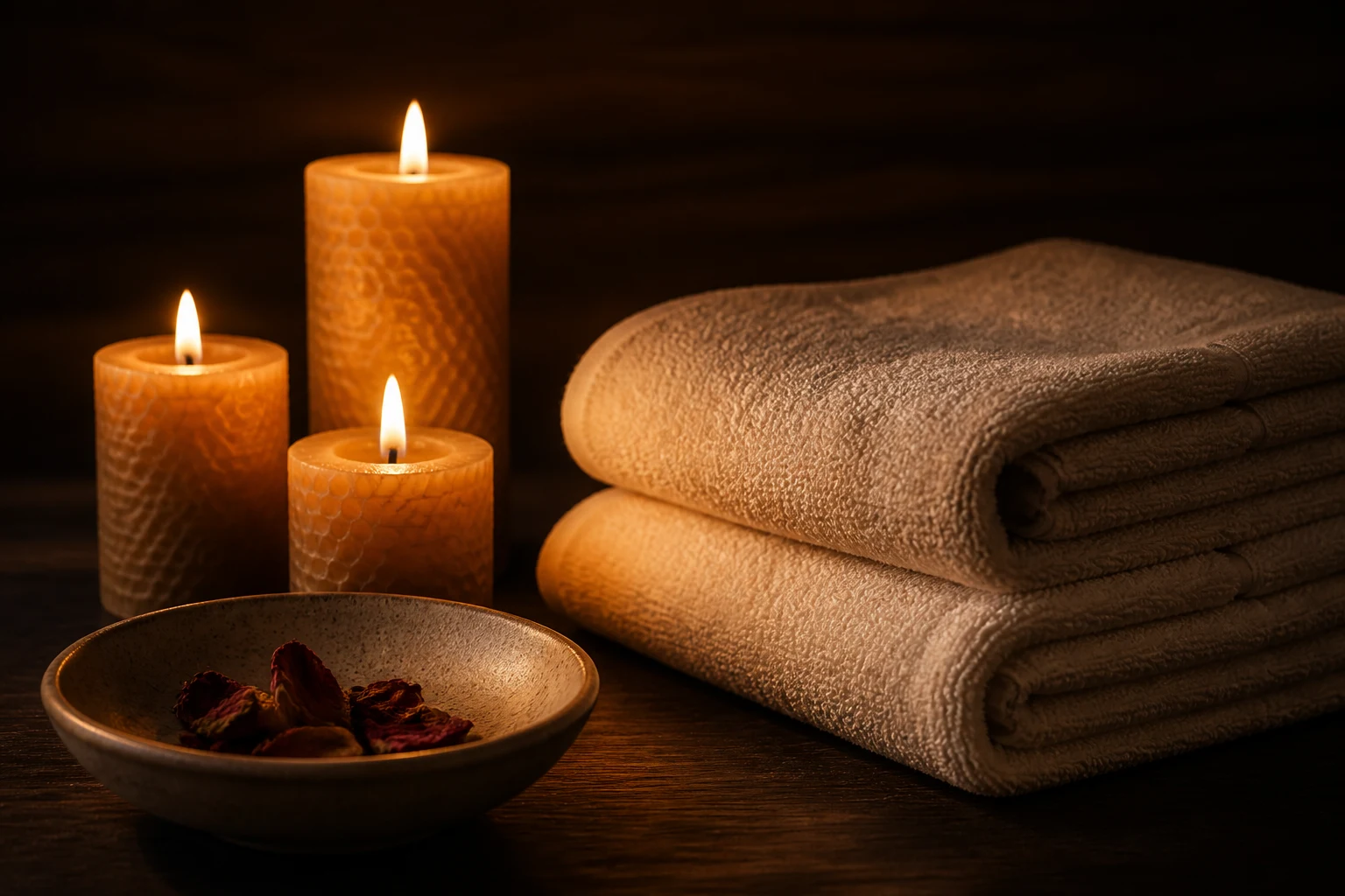 Candlelit towels and natural spa details