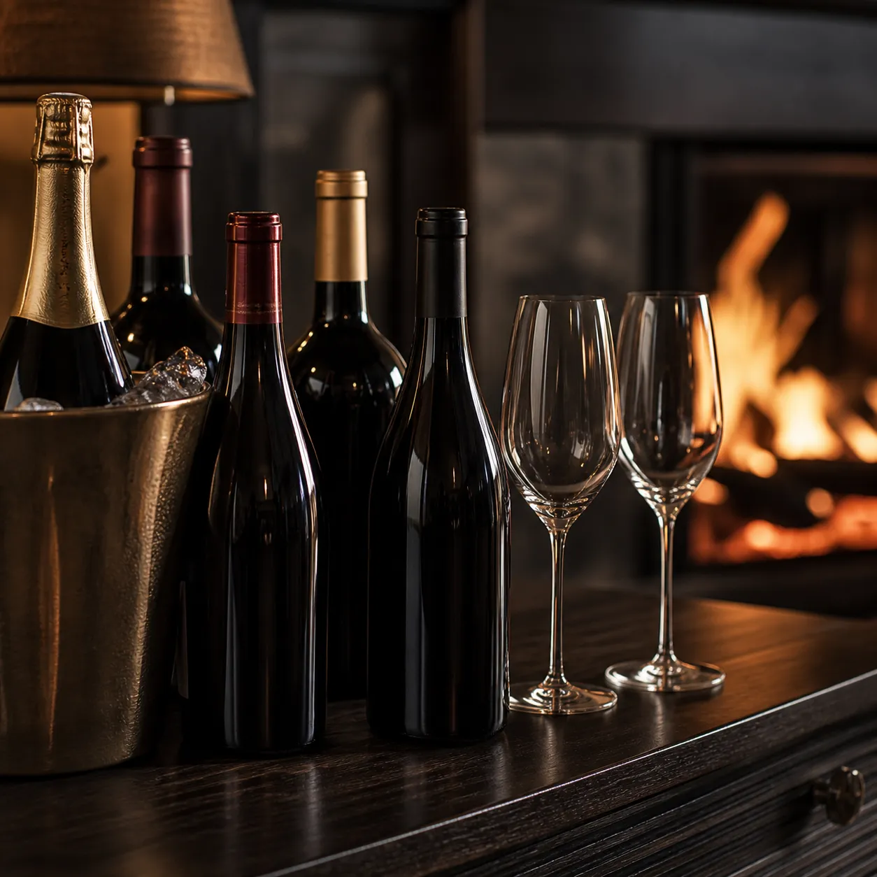 Premium wine and champagne selection by the fire