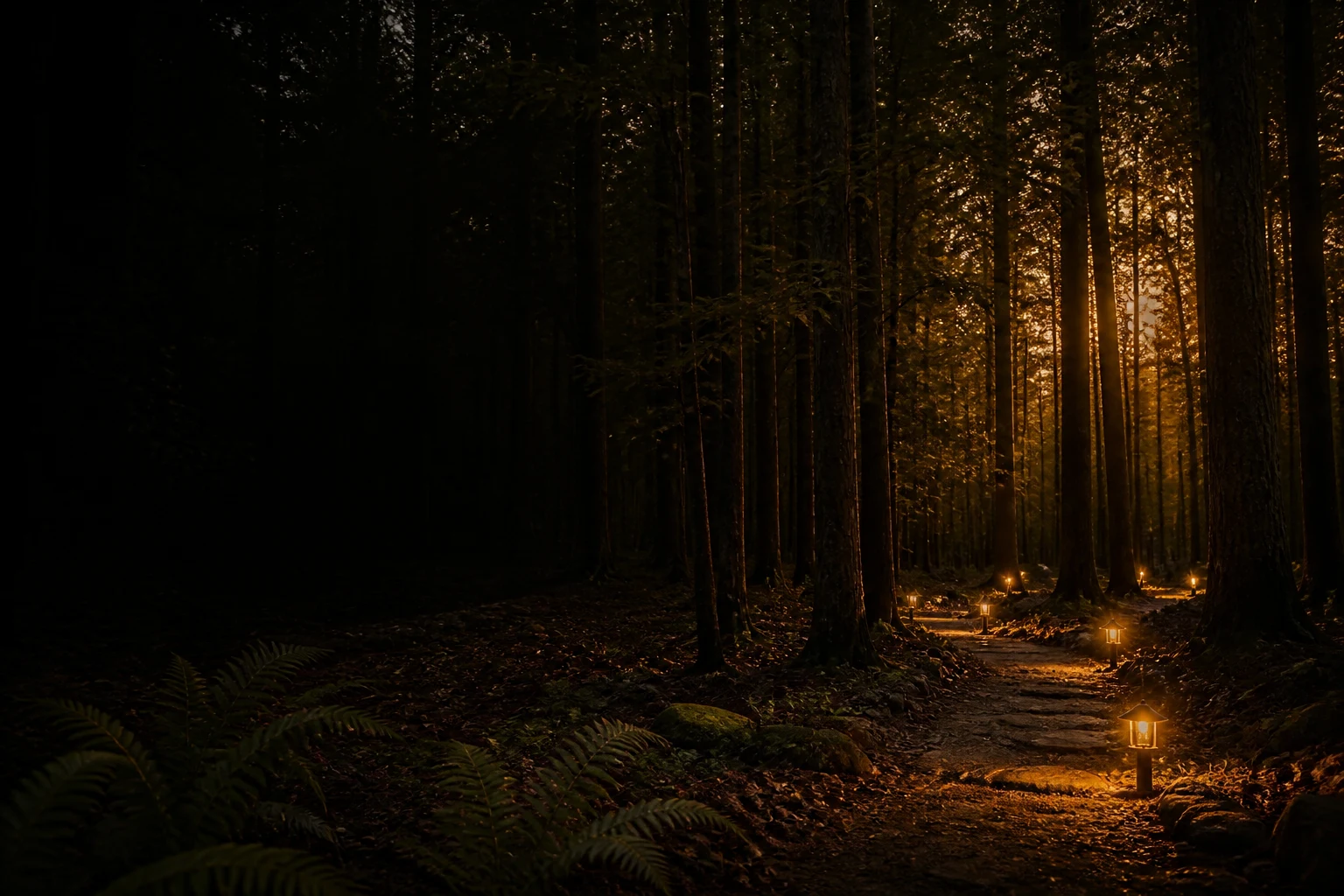 A lantern-lit path through peaceful woodland