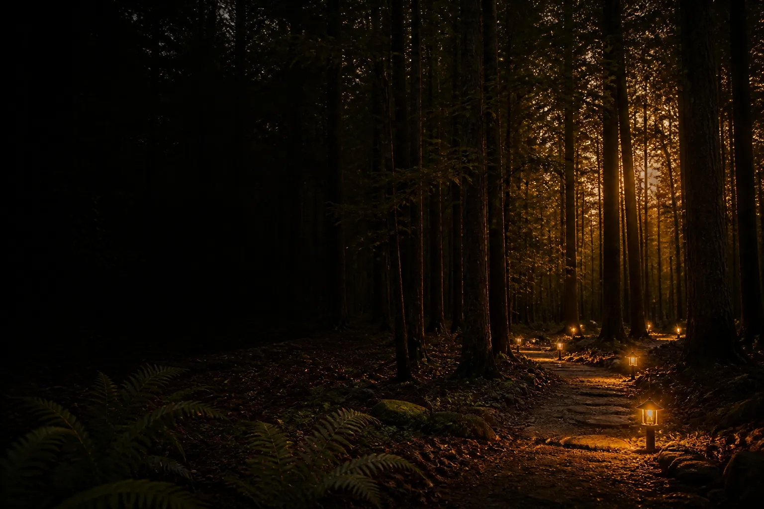 Lantern-lit woodland path at dusk